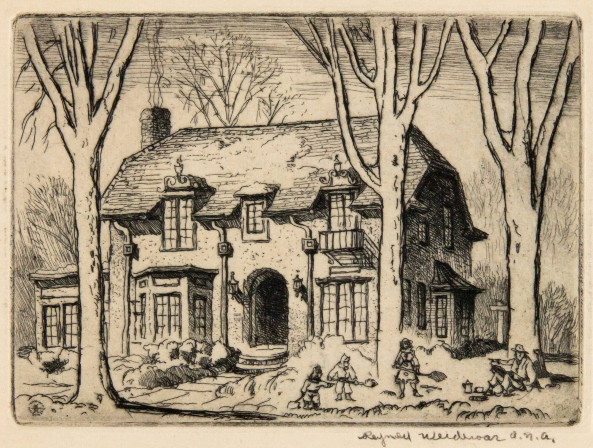 Print of a house with trees, snow on the ground and on the roof.